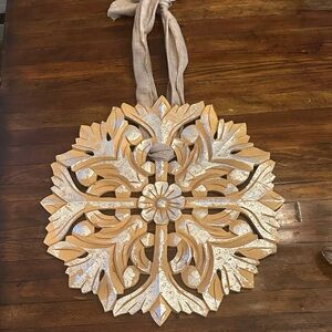Set of 2 Elegant wood and Silver Wall Decor snowflake hanging. 15 x 15 inches